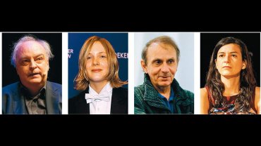 Από αριστερά: Ενρίκε Βίλα-Μάτας, Μαριέκε Ρίνεβελντ, Μισέλ Ουελμπέκ και Σαμάντα Σβέμπλιν είναι μερικοί από τους συγγραφείς που συμπληρώνουν τη μακρά λίστα των 13 υποψηφίων για το διεθνές βραβείο Μπούκερ. Ο νικητής θα ανακοινωθεί στις 19 Μαΐου.