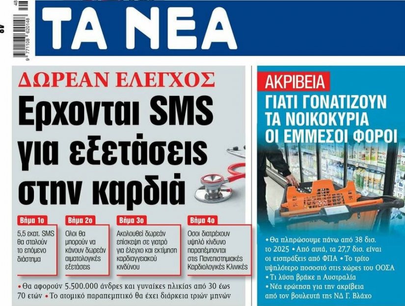 Πρωτοσέλιδο των «Νέων» για δωρεάν εξέταση της καρδιάς
