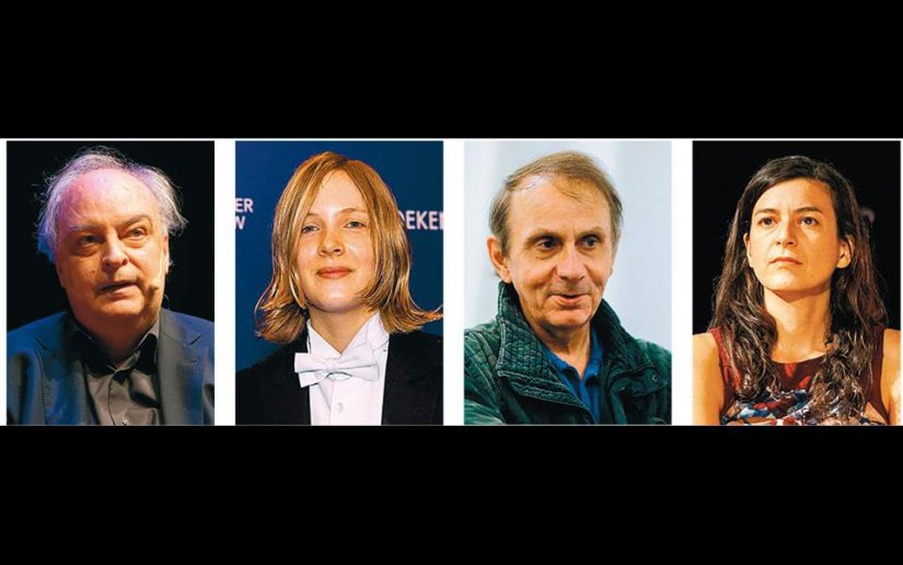 Από αριστερά: Ενρίκε Βίλα-Μάτας, Μαριέκε Ρίνεβελντ, Μισέλ Ουελμπέκ και Σαμάντα Σβέμπλιν είναι μερικοί από τους συγγραφείς που συμπληρώνουν τη μακρά λίστα των 13 υποψηφίων για το διεθνές βραβείο Μπούκερ. Ο νικητής θα ανακοινωθεί στις 19 Μαΐου.