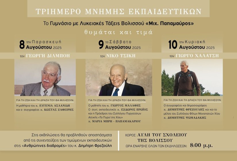 Τριήμερο εκδηλώσεων για να τιμηθούν οι παλαίμαχοι εκπαιδευτικοί του Γυμνασίου Βολισσού ΓΕΩΡΓΗΣ ΔΙΛΜΠΟΗΣ, ΝΙΚΟΣ ΤΣΙΚΗΣ και ΓΙΩΡΓΟΣ ΧΑΛΑΤΣΗΣ Τριήμερο εκδηλώσεων για να τιμηθούν οι παλαίμαχοι εκπαιδευτικοί του Γυμνασίου Βολισσού ΓΕΩΡΓΗΣ ΔΙΛΜΠΟΗΣ, ΝΙΚΟΣ ΤΣΙΚΗΣ και ΓΙΩΡΓΟΣ ΧΑΛΑΤΣΗΣ