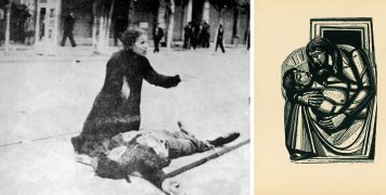 O θρήνος της μάννας πάνω από το νεκρό γιο της που ενέπνευσε τον Ρίτσο για τον Επιτάφιο και μια ξυλογραφία του Α. Τάσσου